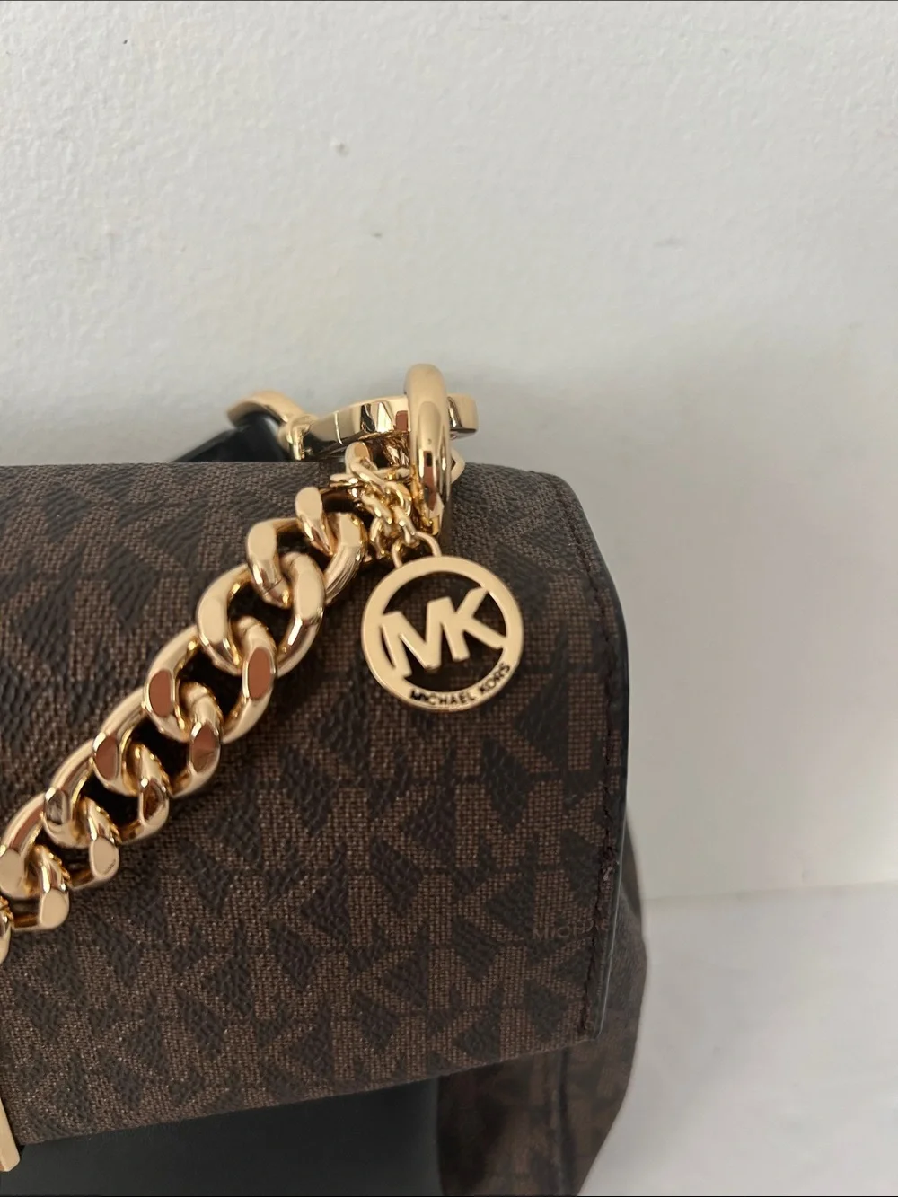 Michael Kors Lita Brown and Black Logo Crossbody with handle Gold Chain